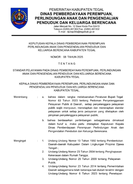 Standar Pelayanan Dinas P3AP2KB Kabupaten Tegal Tahun 2025
